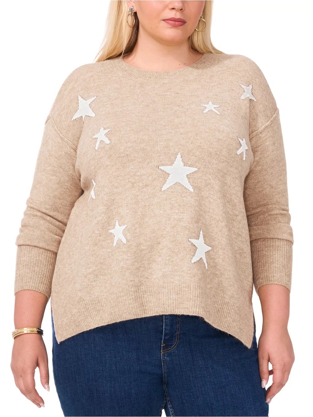 Vince Camuto Plus Size 1X Oatmeal Star Print Crewneck Sweater Cozy Knit Pullover
